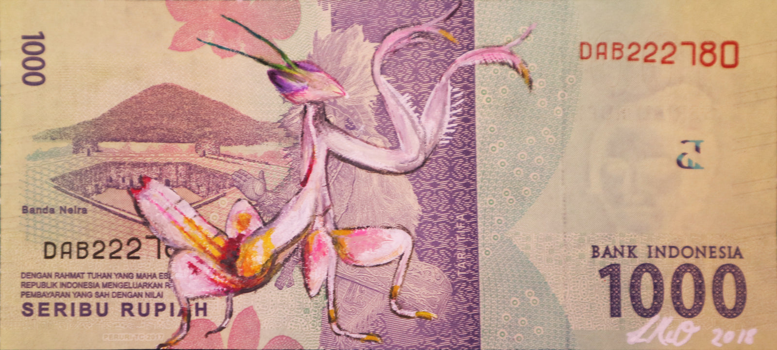 Louise McNaught - Orchid Praying Mantis on Idonesian Rupiah
